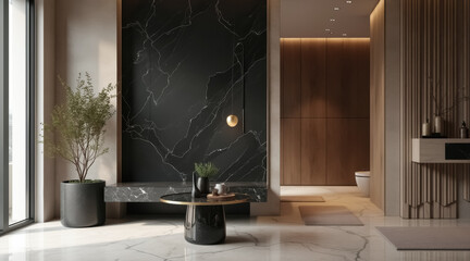 modern interior featuring black marble and warm lighting
