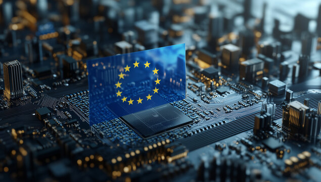 NIS2 EU Cybersecurity Directive Concept, EU Flag on Microchip European Union Technology Digital Innovation Circuit Board