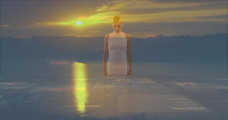 Analyzing digital data overlay, woman in white dress at sunset - Powered by Adobe
