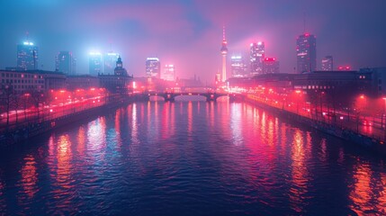 Fototapeta premium Berlin Cityscape at Night with Fog and Reflections