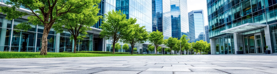 Plakat modern cityscape with glass buildings and lush green trees