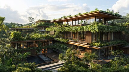 Obraz premium Lush, modern, sustainable residential complex nestled in a tropical paradise. Features include multiple levels, outdoor living spaces, and abundant greenery