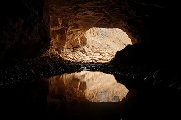 Dark cave entrance with water reflection, showing light at end, for geology research