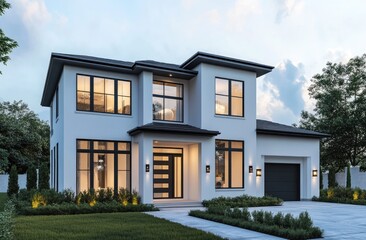 Modern two-story home with contemporary design, featuring large windows, a dark gray roof, and a spacious entryway.  Landscaped front yard with decorative plants