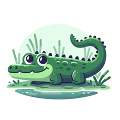 Fototapeta premium Friendly cartoon alligator in swamp environment. Perfect for children's books, wildlife education, and tropical themed designs.