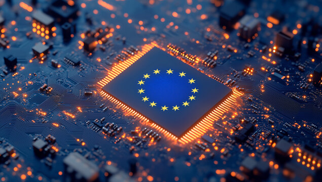 NIS2 EU Cybersecurity Directive Concept, EU Flag on Microchip European Union Technology Digital Innovation