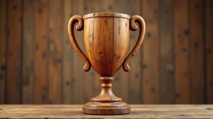 A beautifully crafted wooden trophy set against a rustic wooden backdrop, symbolizing achievement and success.