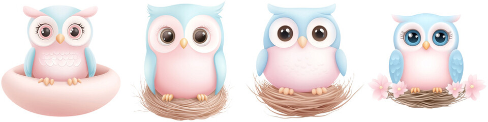Obraz premium Cute cartoon animals and owl friendly, A collection of cute, cartoon owls in various poses, featuring pastel colors and large expressive eyes.
