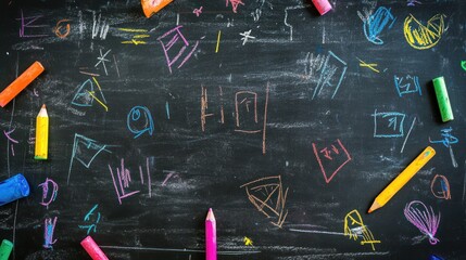 Colorful drawings and crayons on a chalkboard