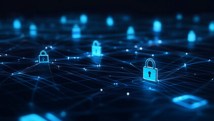NIS2 EU Cybersecurity Directive Concept, Secure Network Data Protection Digital Padlock Icons on Abstract Network Connections