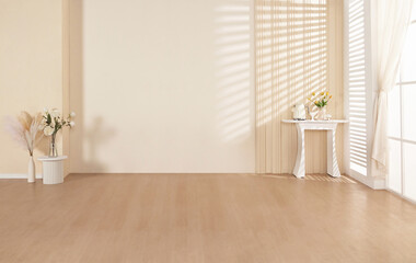 Empty the luxury modern room with a large window and natural light, shadowy room walls, and a blank wooden parquet floor.