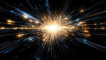 Fototapeta premium Abstract depiction of a cosmic explosion with radiant light beams and star-like particles in space