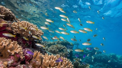 Fototapeta premium Close-up of a school of small tropical fish swimming gracefully among beautiful coral reefs in the ocean. The tropical fish move harmoniously in clear blue water with brightly colored coral.
