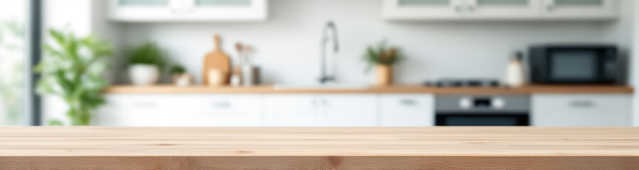 light wood tabletop in blurred modern kitchen setting