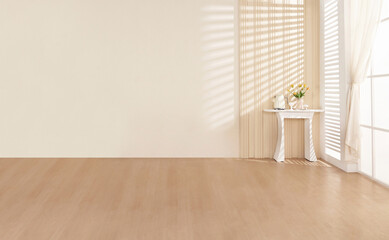 Empty the luxury modern room with a large window and natural light, shadowy room walls, and a blank wooden parquet floor.