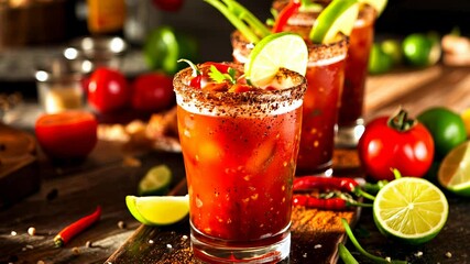 Rustic Bloody Mary Cocktail Assortment. Bloody Mary cocktails with assorted garnishes, spices, and citrus on a rustic wooden surface