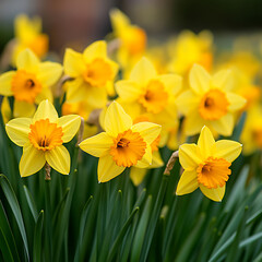 Fototapeta premium yellow daffodils blooming in garden with green leaves