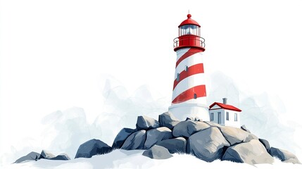 A whimsical clipart of a lighthouse with spiraling red and white stripes, perched on a rocky hill, with crisp lines and soft shadows, isolated on white.  