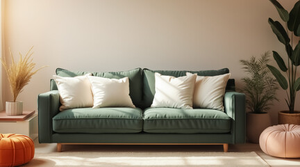 Naklejka premium green velvet sofa with pillows in a sunlit living room