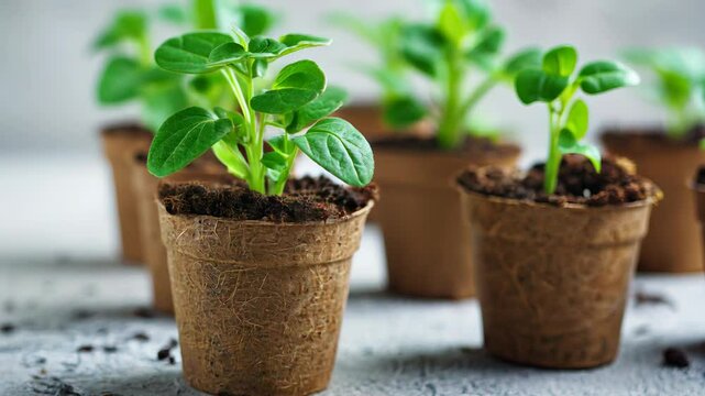 Green seedlings in biodegradable pots on white background.