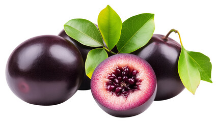juicy acai berry with green leaves isolated on white background
