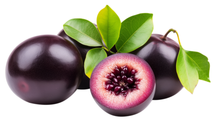 juicy acai berry with green leaves isolated on white background