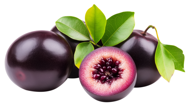 juicy acai berry with green leaves isolated on white background