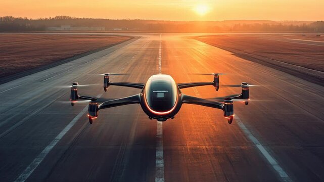 Autonomous Drone Taxi on Airport Runway at Sunset