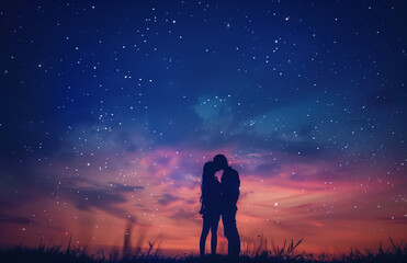 Fototapeta premium Couple stargazing on a beautiful night sky backgeound.