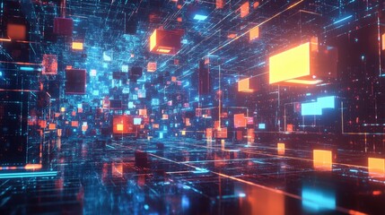Futuristic Abstract Digital Environment with Glowing Cubes and Data Streams in 3D Space