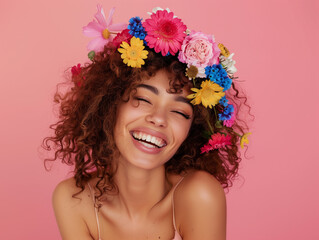 Naklejka premium Beauty young happy woman with wreath from colorful flowers