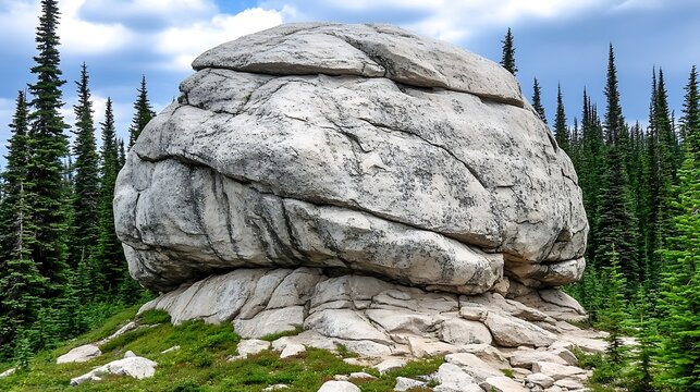 Massive, round boulder in a mountain forest. - Powered by Adobe
