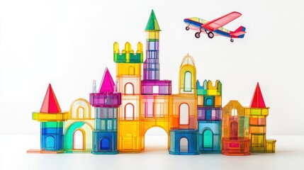 Naklejka premium Colorful magnetic building blocks castle with airplane toy