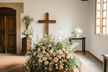 Coffin with floral arrangement and wooden cross