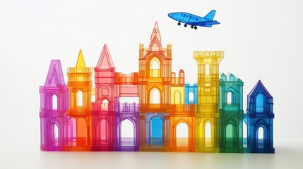 Fototapeta premium Colorful translucent castle city toy blocks with airplane