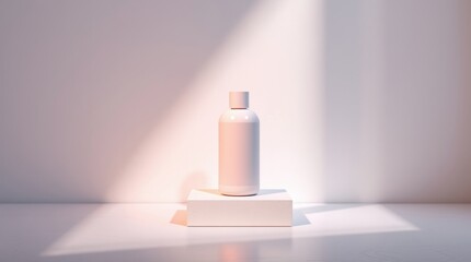 Pink bottle on a white block with light shining down