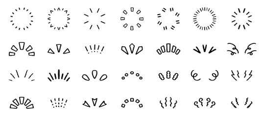 気づきや強調を表すアイコン。光やサンバーストの手書きベクターイラストセット。