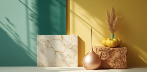 rose gold vase with pumpkins and marble surface in a sunlit room