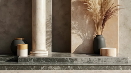 pampas grass in a vase on marble steps with a stone column