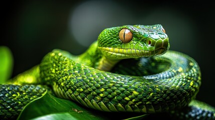Fototapeta premium Green Viper on Lush Foliage