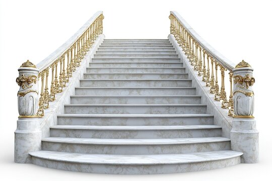 An elegant staircase with marble steps, gilded railings, and decorative motifs along the sides, isolated on a clean white background.  