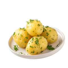 Boiled potatoes with dill in plate isolated on white