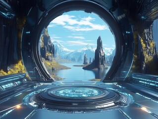 Sci-fi gateway leading to a serene mountain lake.