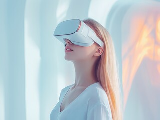 Futuristic woman in white VR headset, glowing digital background.