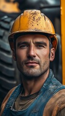 Portrait of a confident construction worker in a yellow hard hat, symbolizing strength and dedication in the industrial sector.