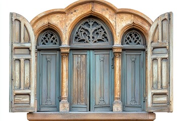 Obraz premium An ornate wooden window with arched open shutters, intricate carvings, and soft rustic tones, cleanly isolated on a white background. 
