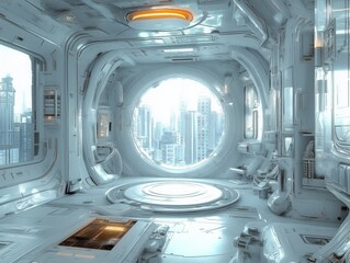 High-tech sci-fi room overlooking a futuristic metropolis skyline.