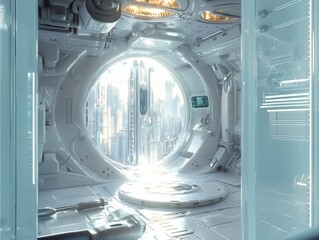 Ultra-modern space pod with panoramic city skyline view.