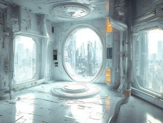 Advanced space capsule with circular windows and futuristic controls.