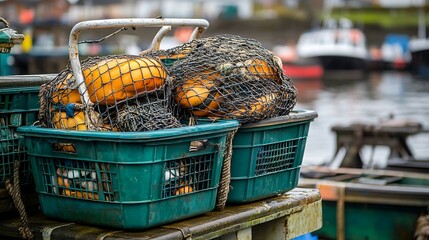 Fishing nets and floats in green baskets at harbor.